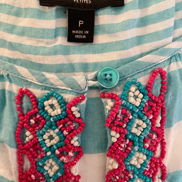 Aqua and white stripe peasant blouse with beaded detailing, Talbots size XS - Picture 4 of 4